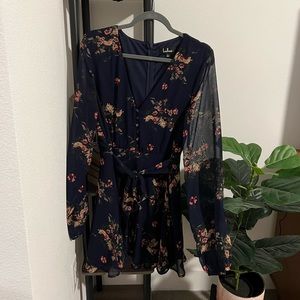 Lulus Always Yours Navy Blue Floral Print Long Sleeve Skater Dress